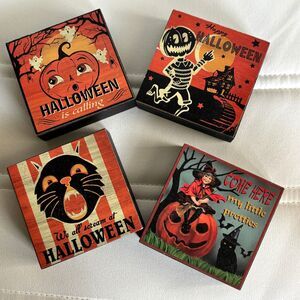 Set Of 4 Halloween Nantucket Vintage Inspired Retro Wooden Signs Decor 4"x4"x 1"